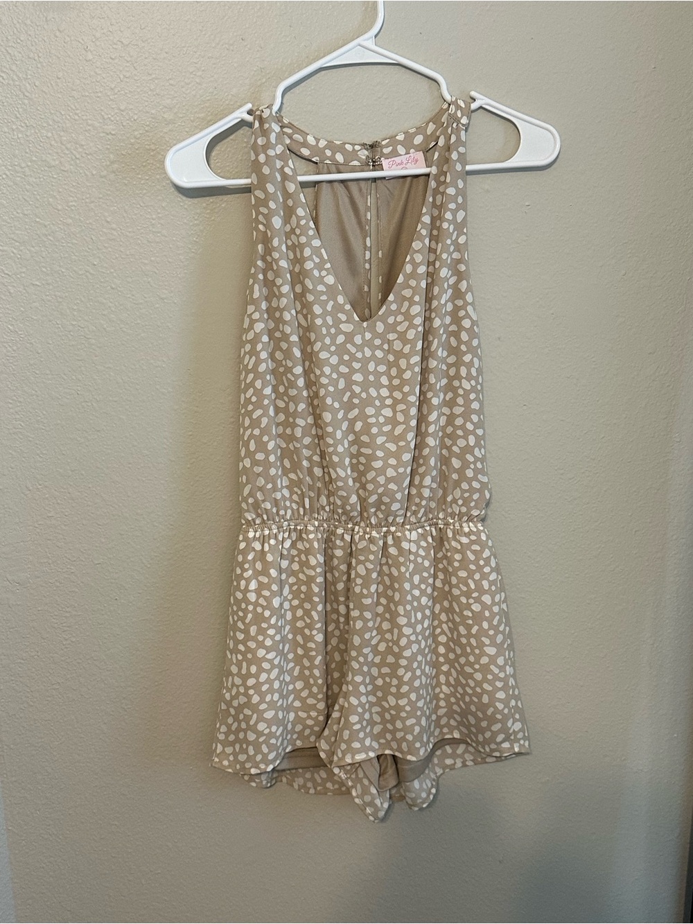 Pink Lily Beige and White Polka Dot V-Neck Sleeveless Romper